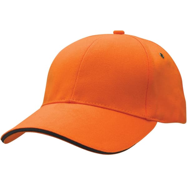 An orange cap with a curved peak and contrasting black trim, featuring a logo on the side.