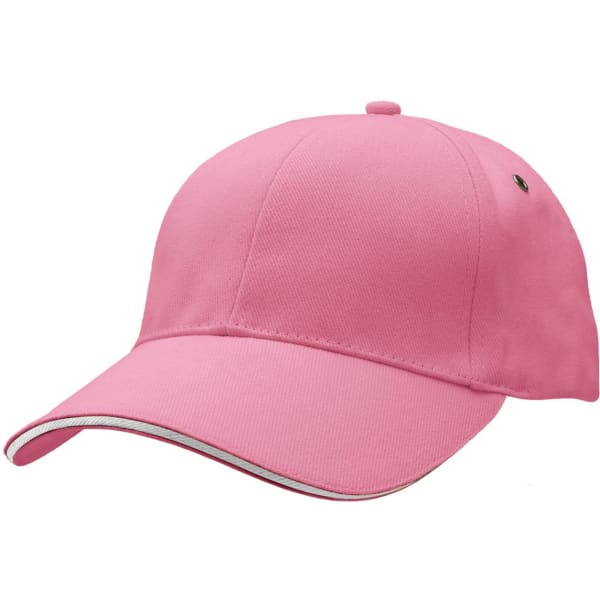 A pink cap with a curved brim, featuring a logo and contrasting trim.