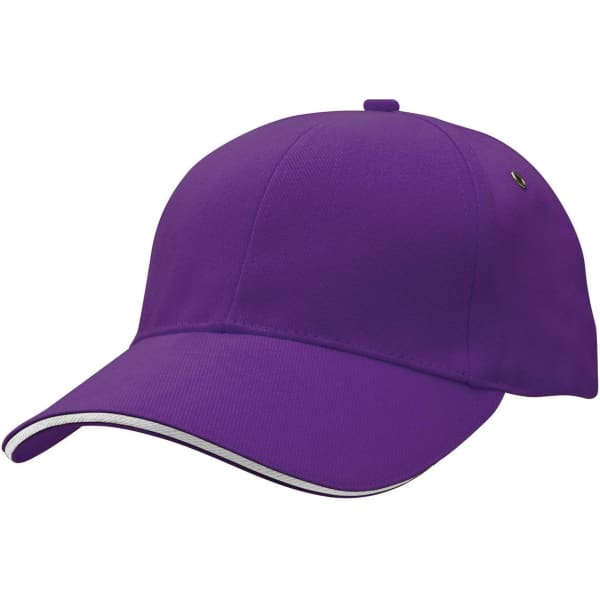 A purple cap with a curved peak and a contrasting trim, featuring a logo on the side.