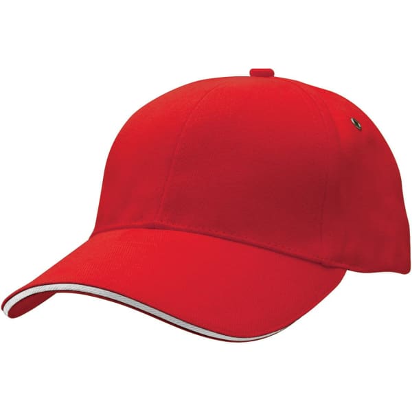 A red cap featuring a curved brim and a contrasting trim, complete with a logo.