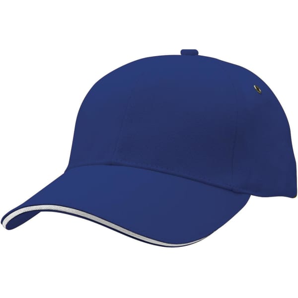 A blue cap with a curved brim and contrasting trim, featuring a logo on the side.