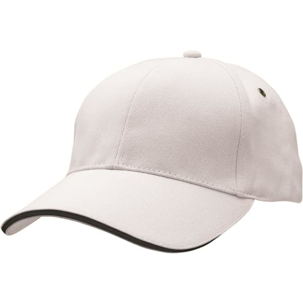 A light-coloured cap featuring a curved brim and a logo, designed for headwear use.