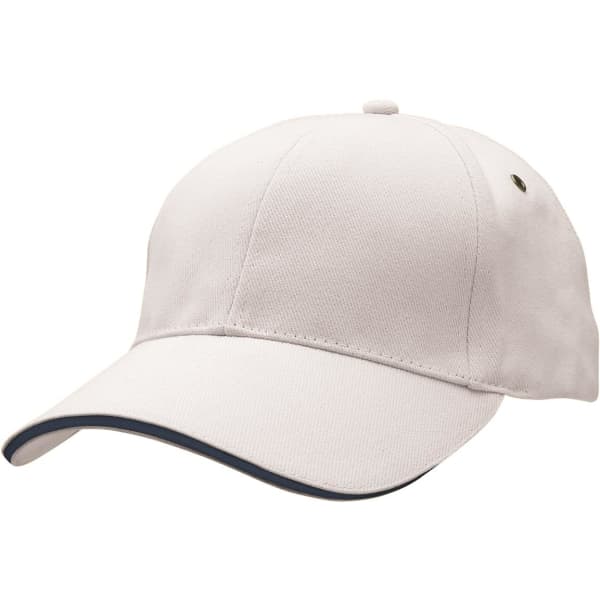 A white cap with a curved brim and a contrasting navy trim, featuring a logo on the side.
