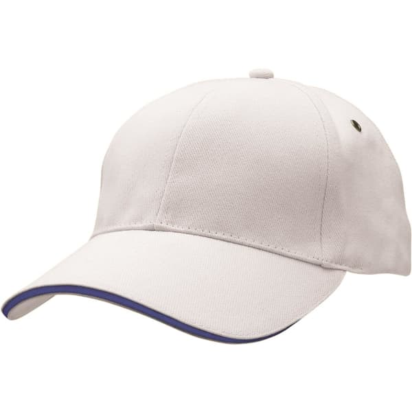A cap featuring a white body and a contrasting blue trim, with a small logo on the side.