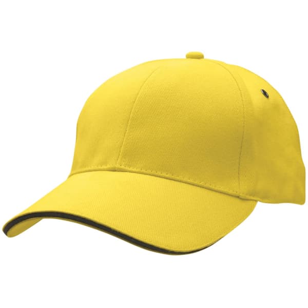 A yellow baseball cap with a black underbill and a logo on the front.