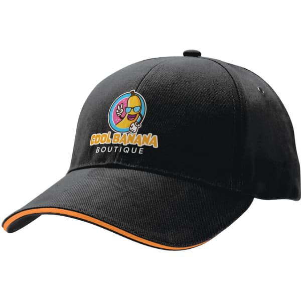 A black cap with a colourful logo featuring a character wearing sunglasses and an orange trim on the brim.