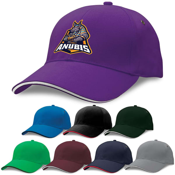 A purple cap featuring a logo, surrounded by caps in black, green, navy, maroon, and grey.