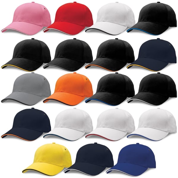 A collection of baseball caps in various colours including pink, black, grey, orange, white, and yellow, featuring logos.