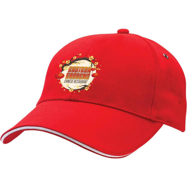 A red cap featuring a decorative logo, designed for promotional use, with a curved brim and contrasting stitching.