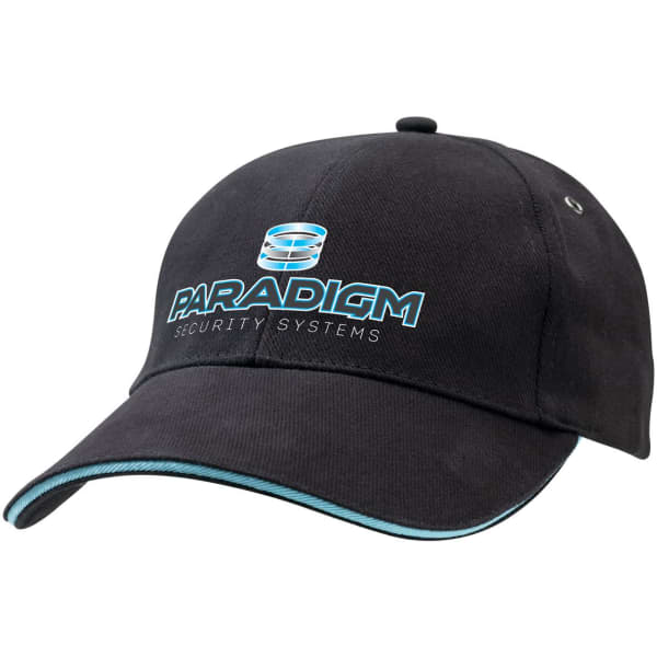 A black cap with a curved brim and a logo on the front, featuring light blue accents.