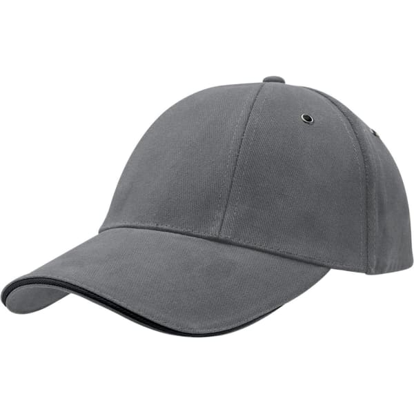 A grey rotated sandwich peak cap featuring embroidered eyelets and a curved brim. It includes a logo.