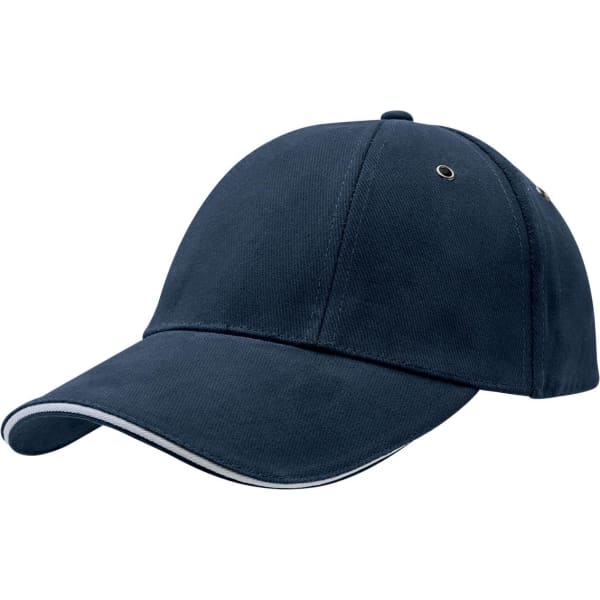 A navy blue cap featuring a curved brim and contrasting trim, with a logo on the side.