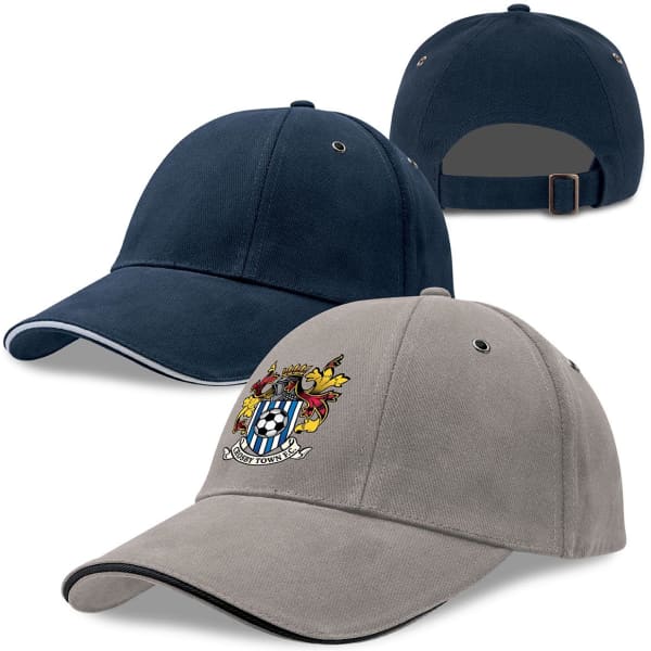 A grey and navy cap with a logo, featuring a curved brim and adjustable strap at the back.