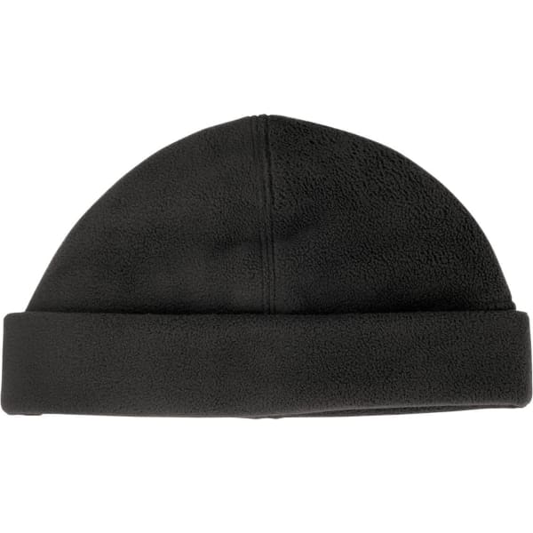 A black polar fleece beanie with a folded cuff, featuring a logo on the side.