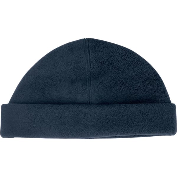 A navy polar fleece beanie with a folded brim and a seamless design. It features a logo on the side.
