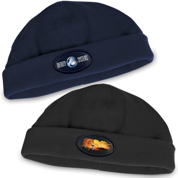 Two polar fleece beanies displayed, one in navy blue and one in black, each featuring a logo on the front.