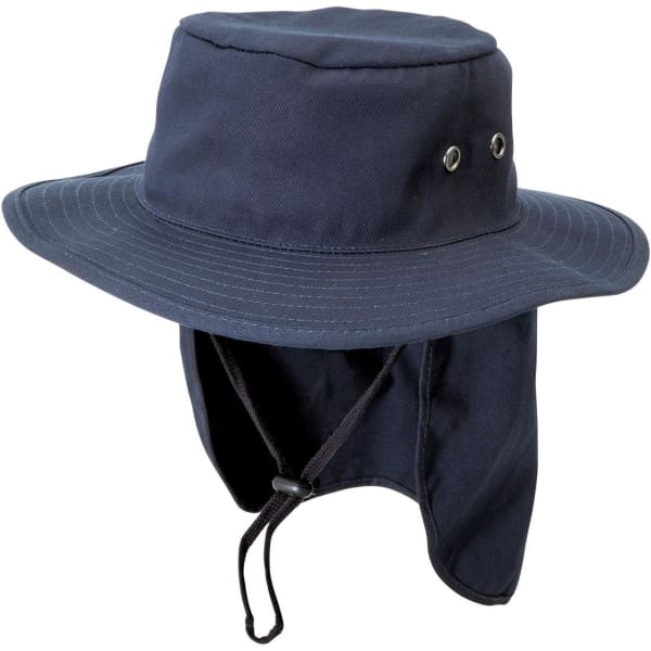 A navy blue hat with a wide brim and neck flap, featuring eyelets and an adjustable chin strap.
