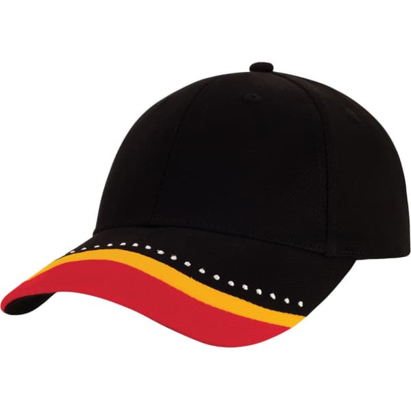 A black cap with a red and yellow peak featuring decorative stitching and a logo on the side.