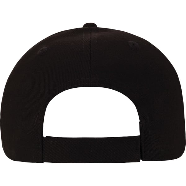 A black cap with an adjustable strap at the back and a logo on the side.