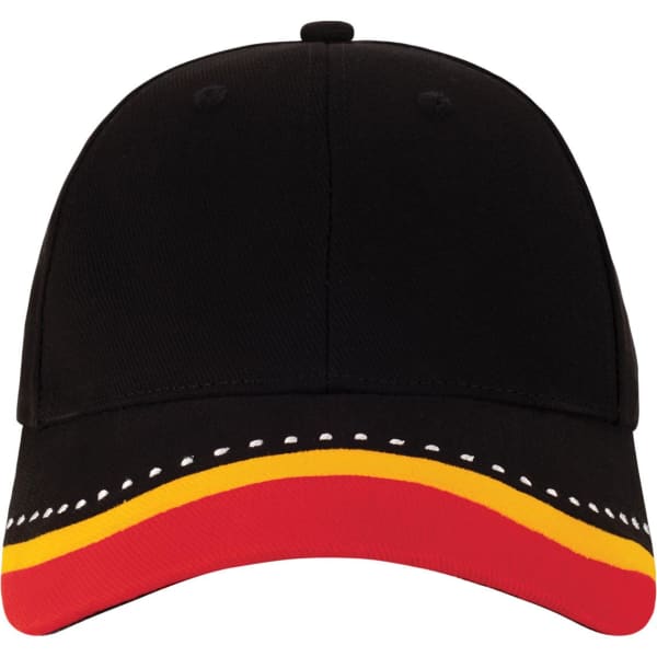 A black cap with a red and yellow curved strip along the brim, featuring a logo on the front.
