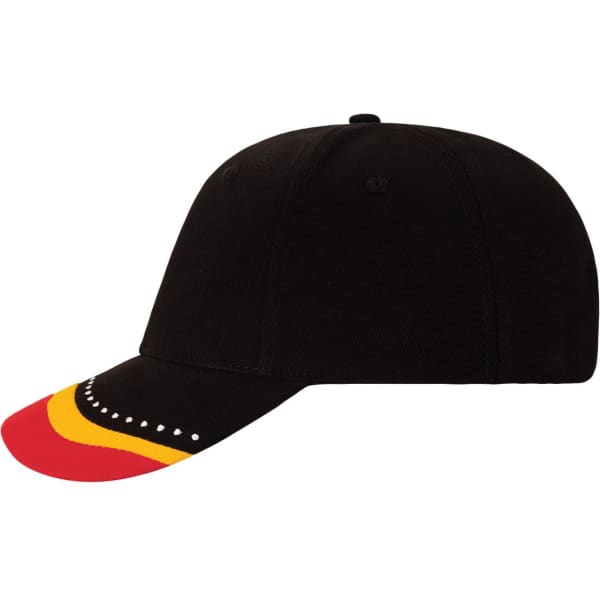 A black cap featuring a red, yellow, and orange patterned brim and a logo on the side.
