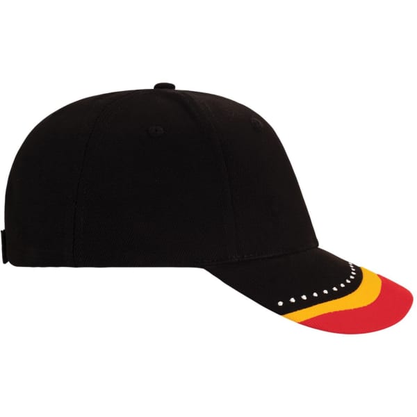 A black cap featuring a red and yellow curved peak, with decorative elements along the front. It has a logo on the side.
