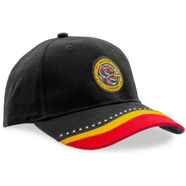 A black cap with a round logo and a red and yellow striped brim featuring decorative stitching.