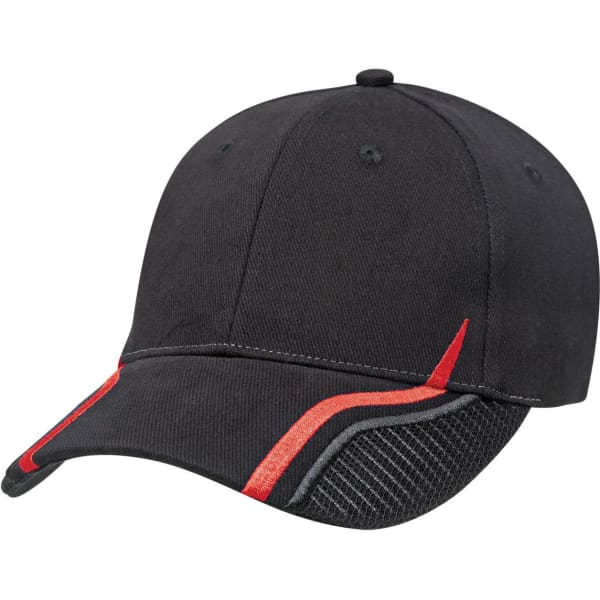 A black cap with red accents and a mesh back, featuring a logo on the front.