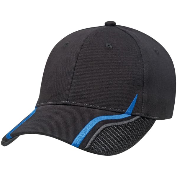 A black cap with blue accents and mesh detailing, featuring a logo on the front.