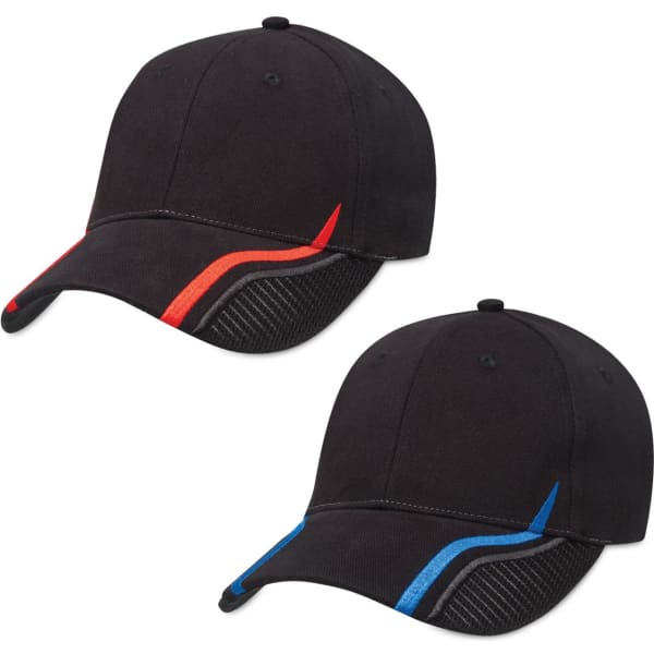 A black cap featuring contrasting red and blue accents, designed with a mesh panel for breathability.