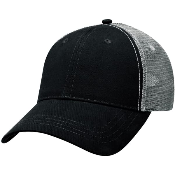 A black Lo-Pro Mesh Trucker Cap with a grey mesh back and a rounded brim, featuring a logo on the front.