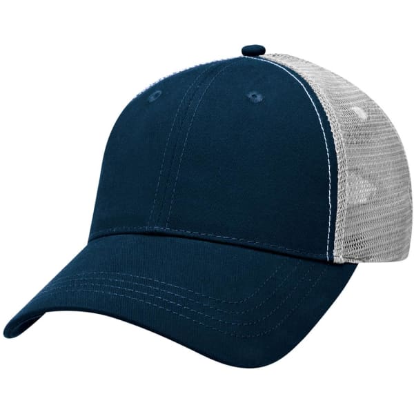 A navy blue and grey Lo-Pro Mesh Trucker Cap featuring a logo on the front and a mesh back.