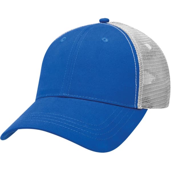 A blue trucker cap with a grey mesh back and a curved brim, featuring a logo.