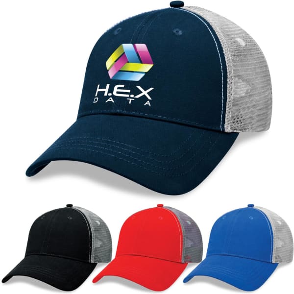 A Lo-Pro Mesh Trucker Cap in navy with a logo, accompanied by caps in black, red, and blue.