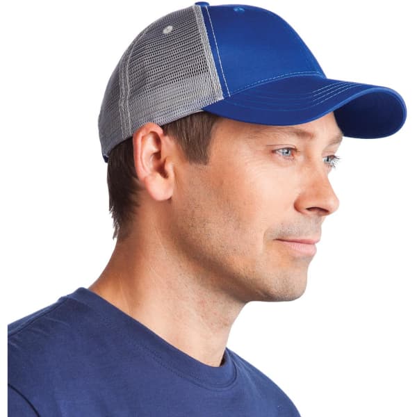 A blue Lo-Pro Mesh Trucker Cap with a grey mesh back, worn by a man. The cap features a logo.