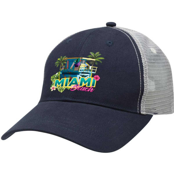 A blue and grey Lo-Pro Mesh Trucker Cap with a vibrant graphic featuring Miami Beach elements and palm trees.