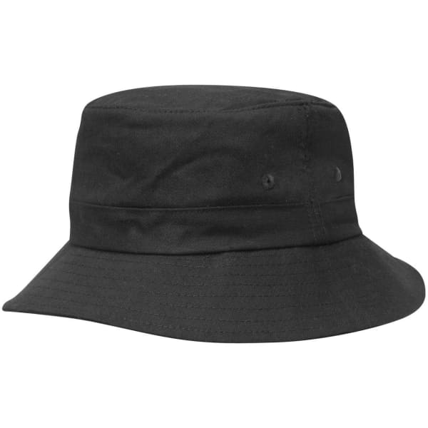 A black kids' twill bucket hat with a toggle, featuring a wide brim and two side vents.