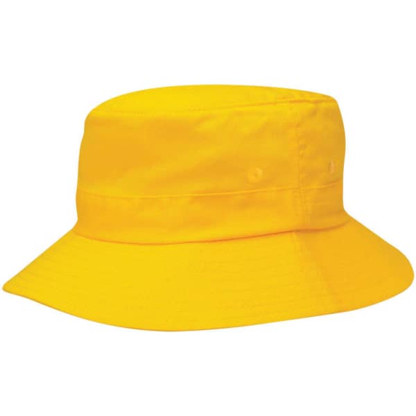 A bright yellow kids' twill bucket hat with a wide brim and toggle, featuring a logo on the side.