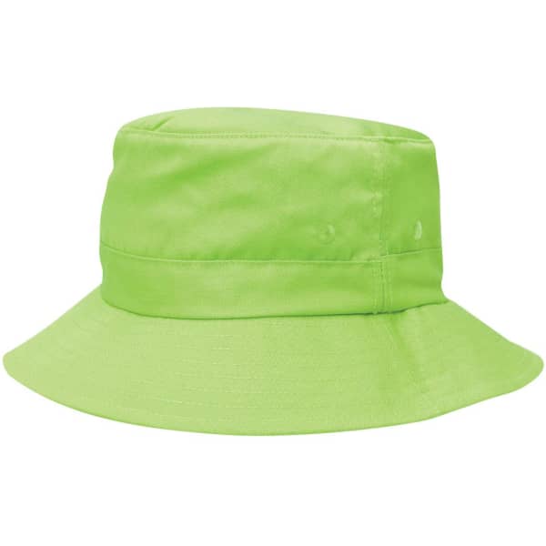 A bright lime green kids' twill bucket hat with a toggle and a wide brim. Features ventilation holes.