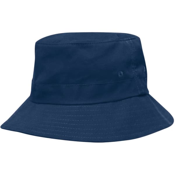 A navy blue twill bucket hat with a toggle, featuring a wide brim and two side buttons.