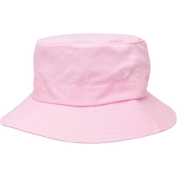 A pink kids' twill bucket hat with a wide brim and toggle adjustment, featuring a logo detail.