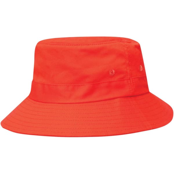 An orange twill bucket hat featuring a wide brim and a toggle adjustment. It includes a logo on the side.