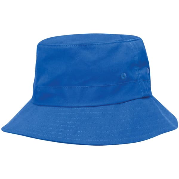 A blue kids' twill bucket hat with a toggle, featuring a wide brim and side ventilation.