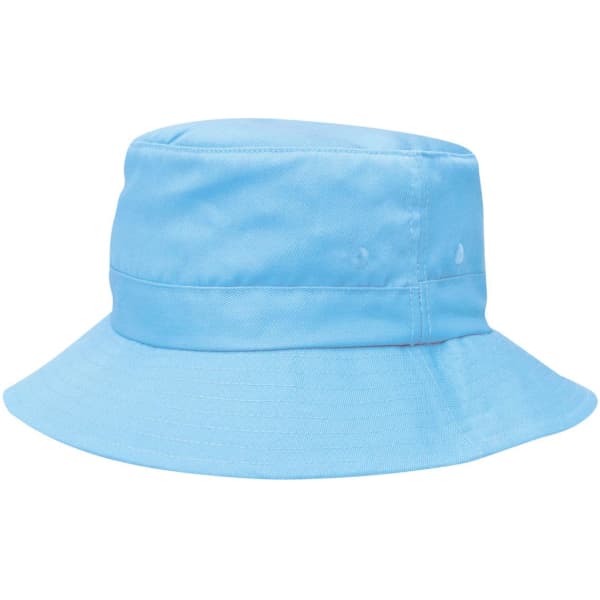 A blue twill bucket hat with a toggle and branding, featuring a wide brim for sun protection.