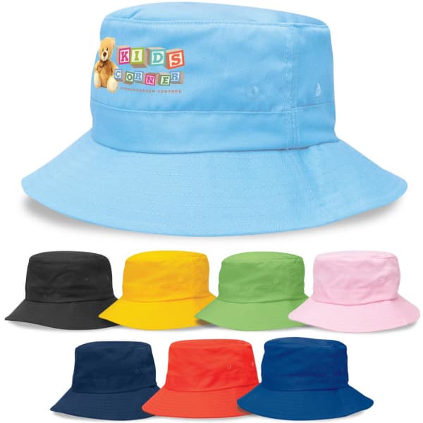 A blue kids' twill bucket hat with a branding logo, surrounded by options in black, pink, green, orange, and red.