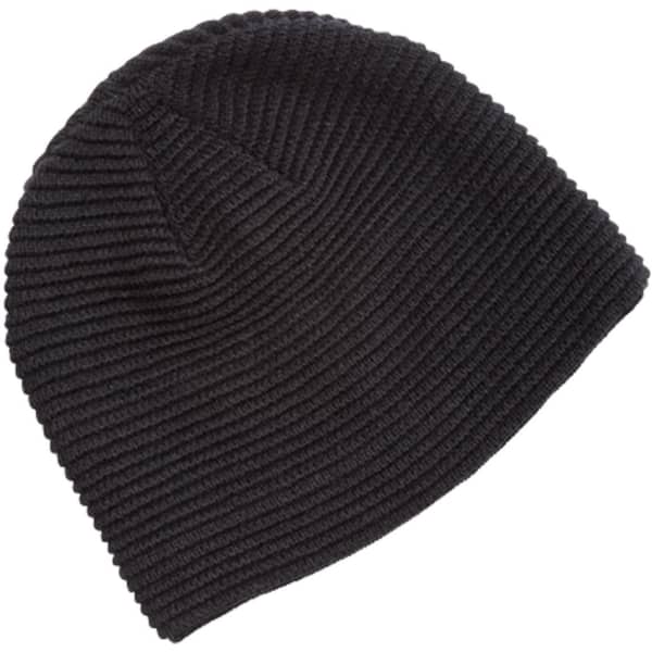 A black ribbed beanie with a soft texture and a logo.