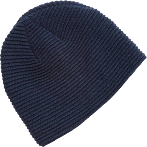 A navy Ruga Knit Beanie with a ribbed texture, featuring a logo on the side.