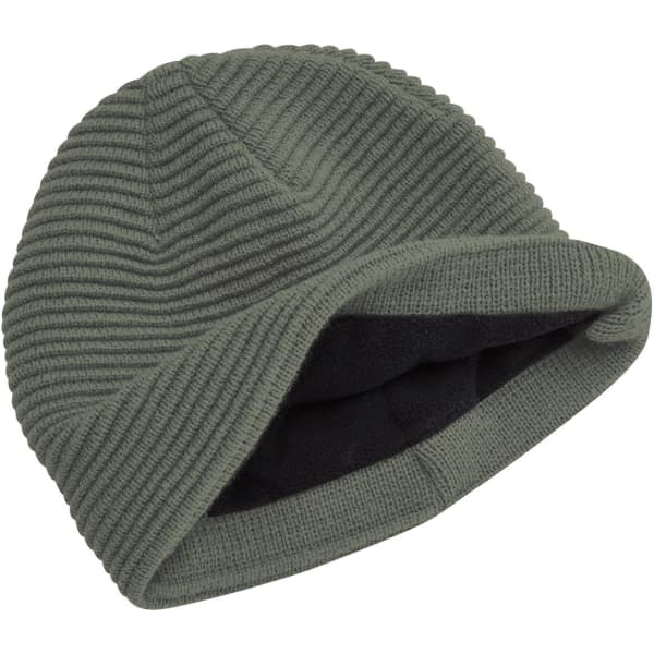A green ribbed beanie with a folded cuff, featuring a soft inner lining and a logo.