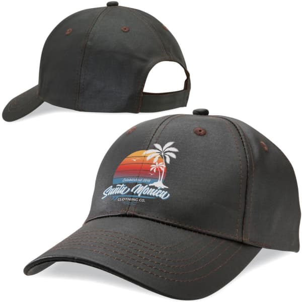 A dark brown cap with a logo, featuring an adjustable back and a curved brim.