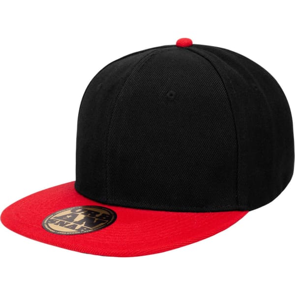 A black and red cap featuring a flat brim and a logo on the front.